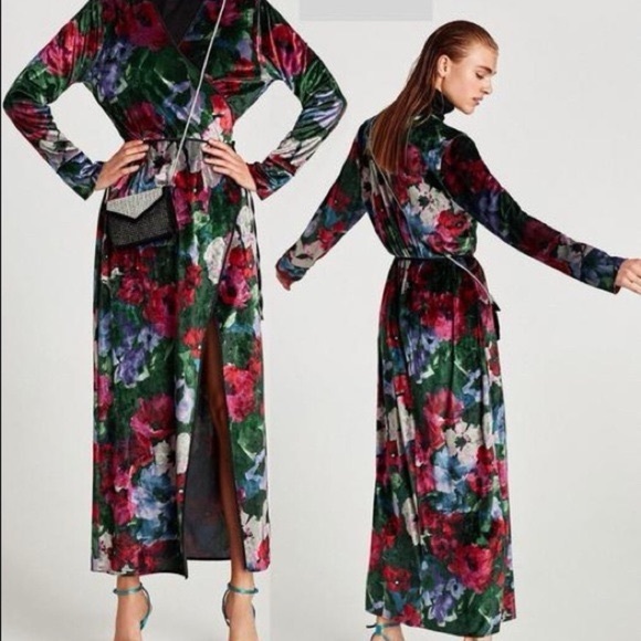 ZARA ACCESSORIES KIMONO VELVET FLORAL LONG SLEEVED LONG MAXI WRAP DRESS USA M - Picture 4 of 11